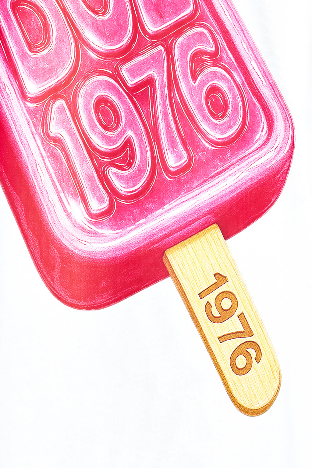 Pink ice cream mold with '1976' text on a white background