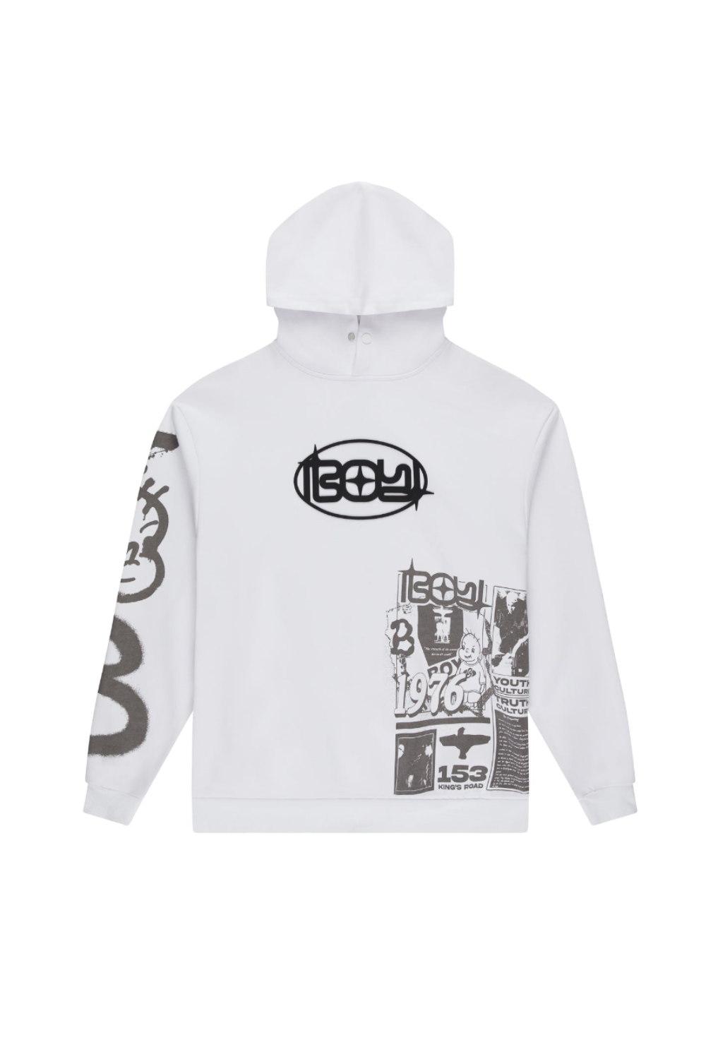 White hoodie with black graphics and text on a white background