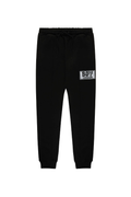 Black BOY London sweatpants with a logo on the left thigh against a white background