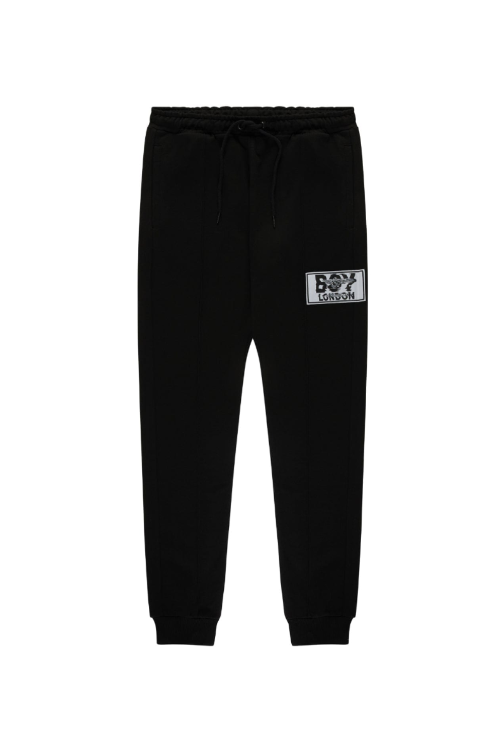 Black BOY London sweatpants with a logo on the left thigh against a white background