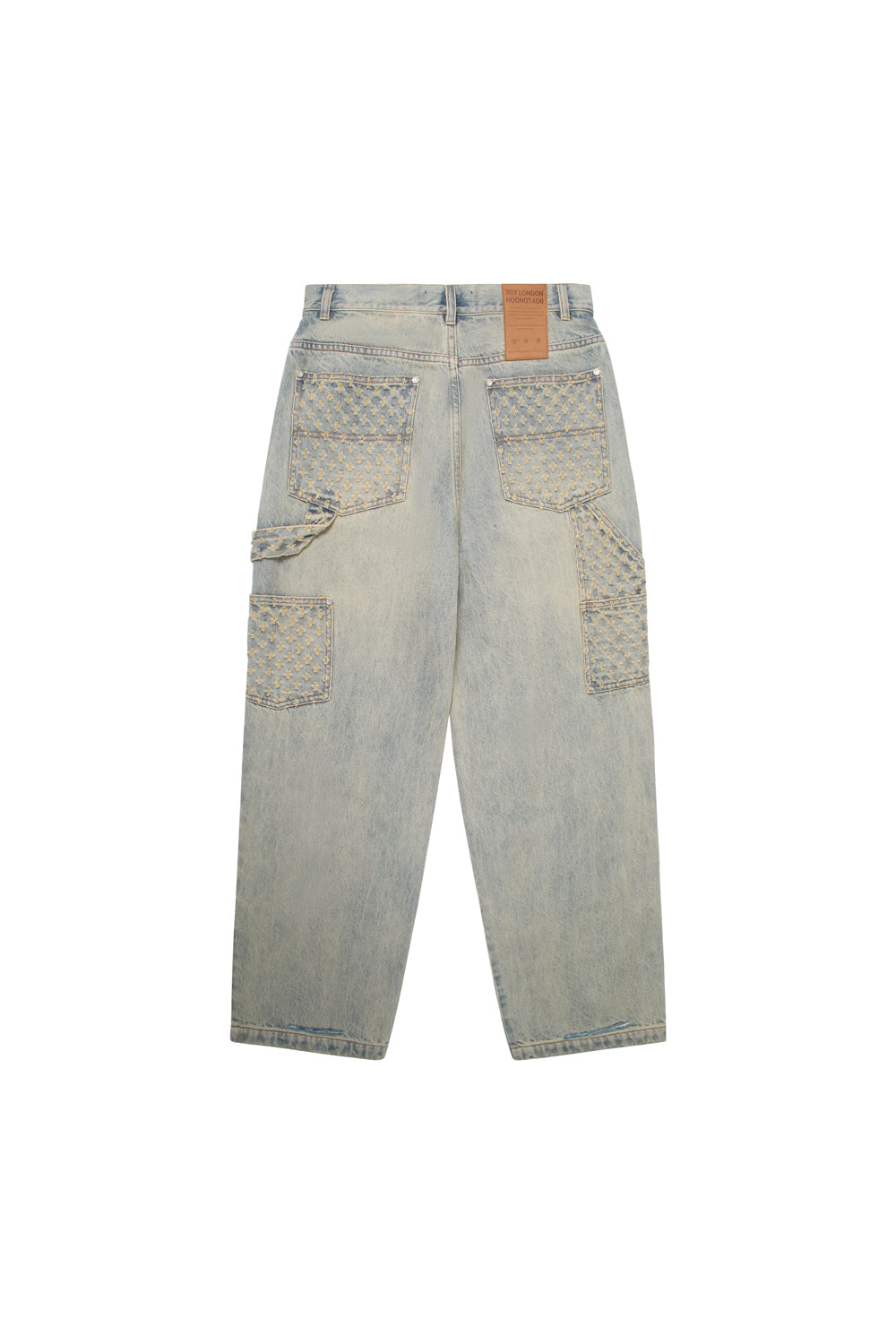 Light blue BOY London jeans with patchwork design on a white background