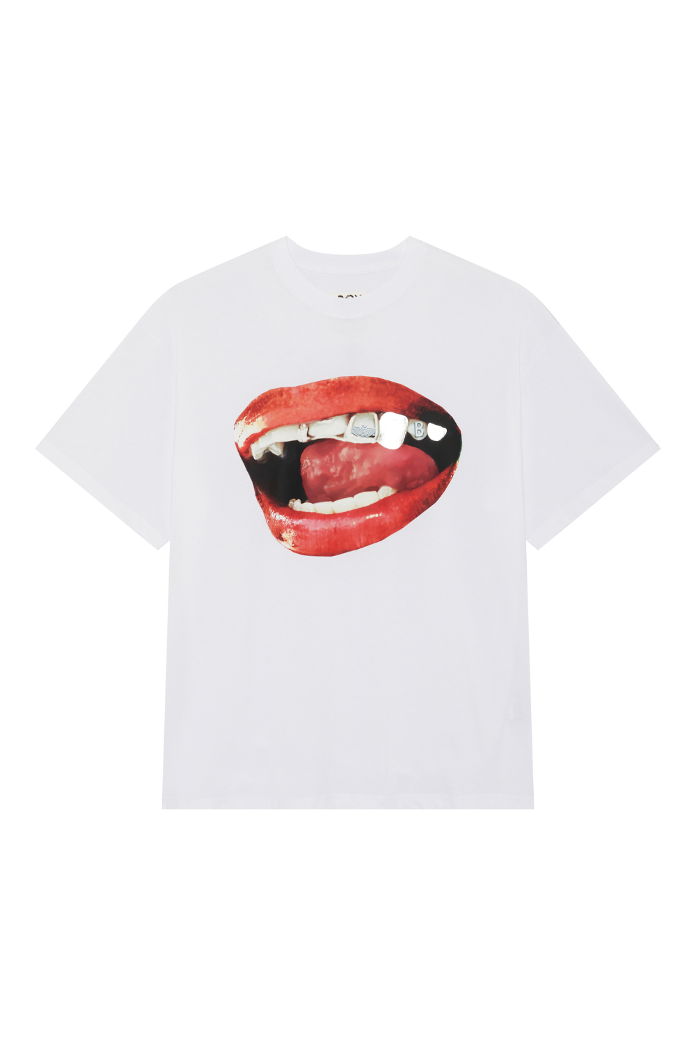 White BOY London t-shirt with a graphic of red lips on a white background