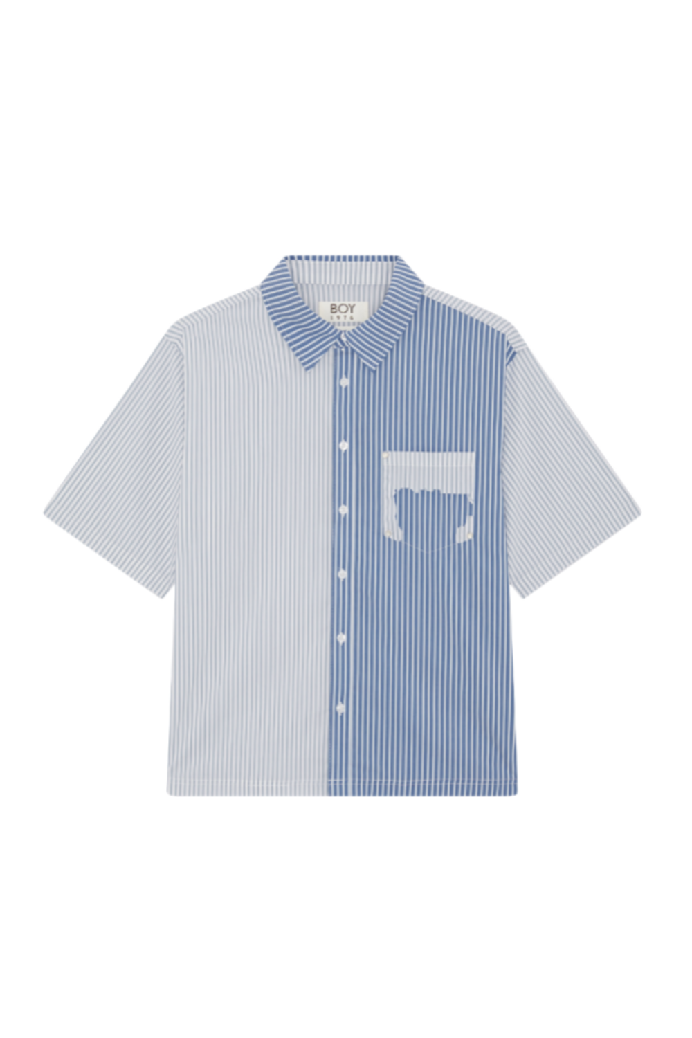 White and blue striped shirt with 'BOY' London logo on a white background