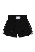 Black shorts with white trim on a white background