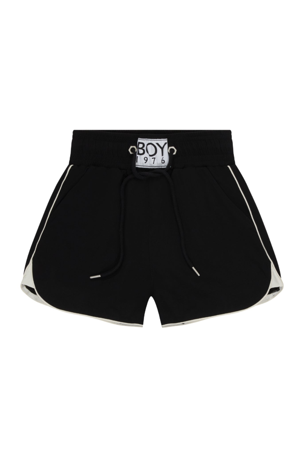 Black shorts with white trim on a white background