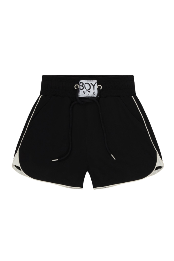 Black shorts with white trim on a white background