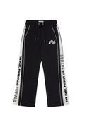 Black BOY London pants with white text on a white background