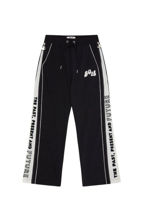 Black BOY London pants with white text on a white background