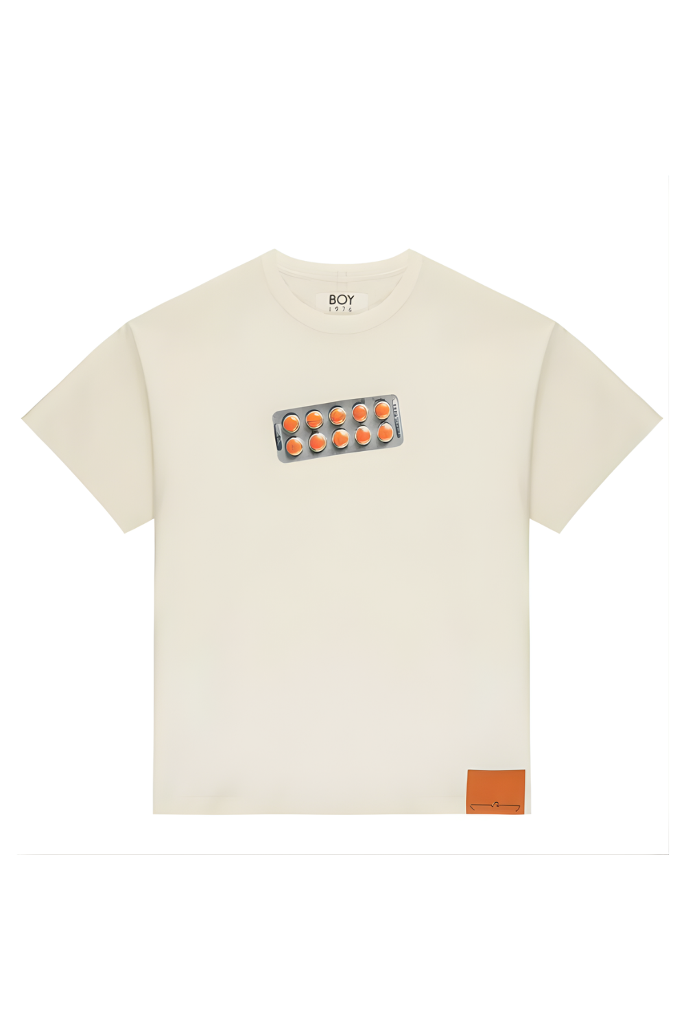 Beige BOY London t-shirt with a graphic design on the chest and brand logo on the sleeve against a white background