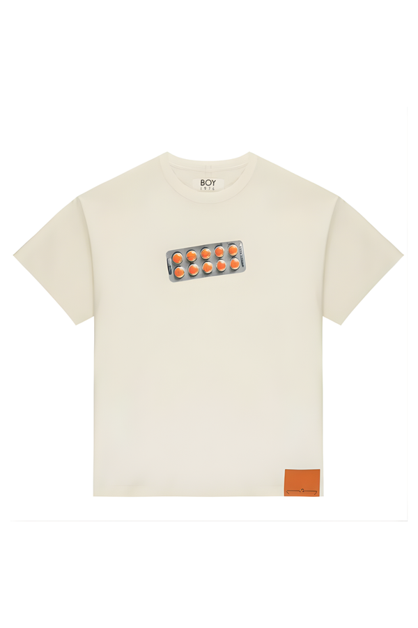 Beige BOY London t-shirt with a graphic design on the chest and brand logo on the sleeve against a white background