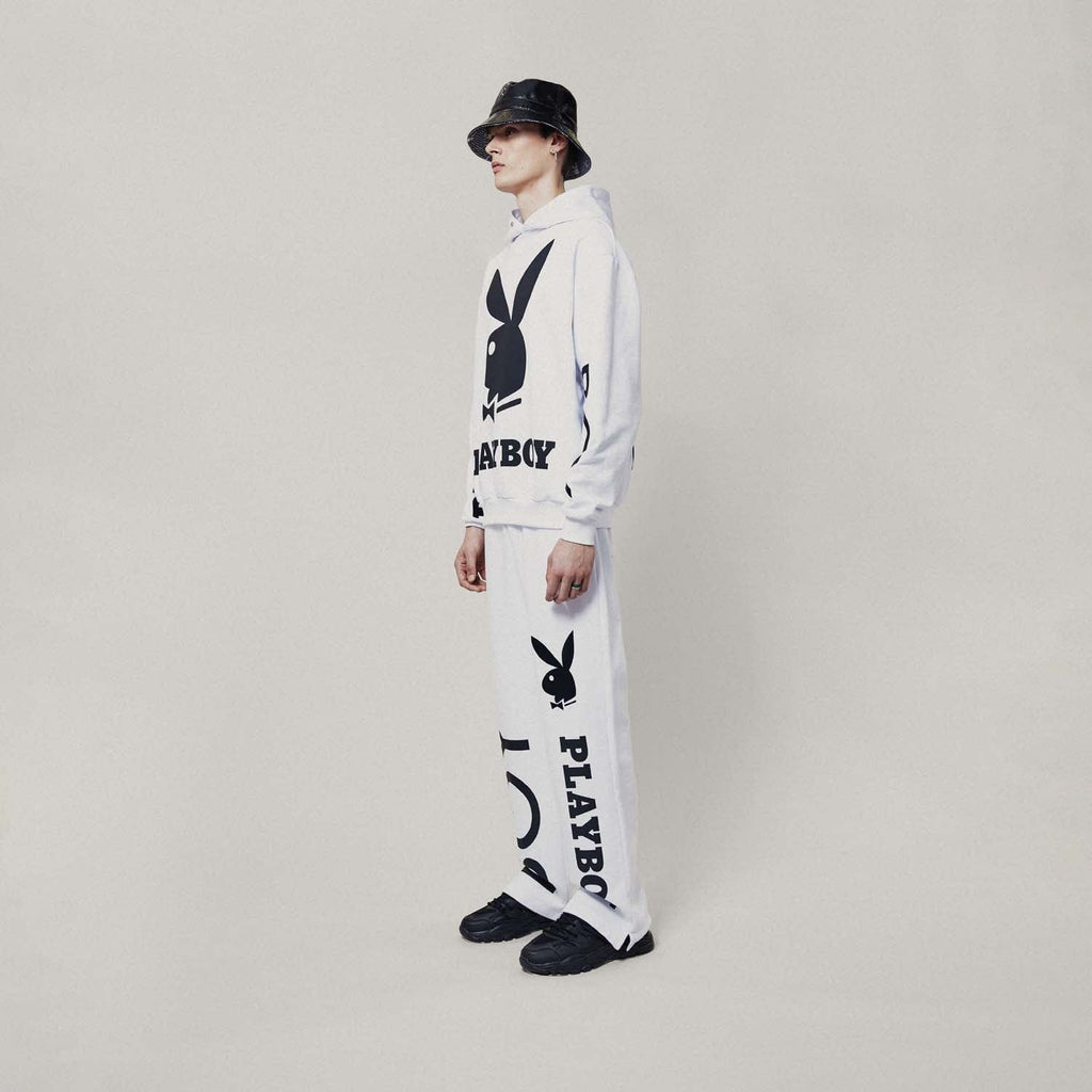 White Boy London hoodie with the text 'PLAYBOY' and 'BOY' on the sleeves and the silhouette of a bunny between them.