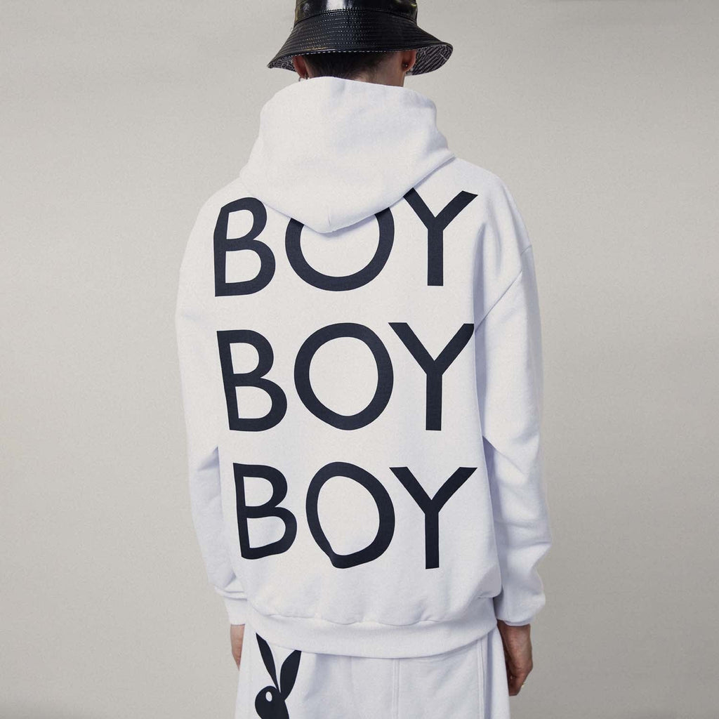 White Boy London hoodie with the text 'PLAYBOY' and 'BOY' on the sleeves and the silhouette of a bunny between them.