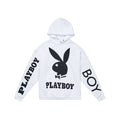 White Boy London hoodie with the text 'PLAYBOY' and 'BOY' on the sleeves and the silhouette of a bunny between them.
