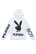 White Boy London hoodie with the text 'PLAYBOY' and 'BOY' on the sleeves and the silhouette of a bunny between them.