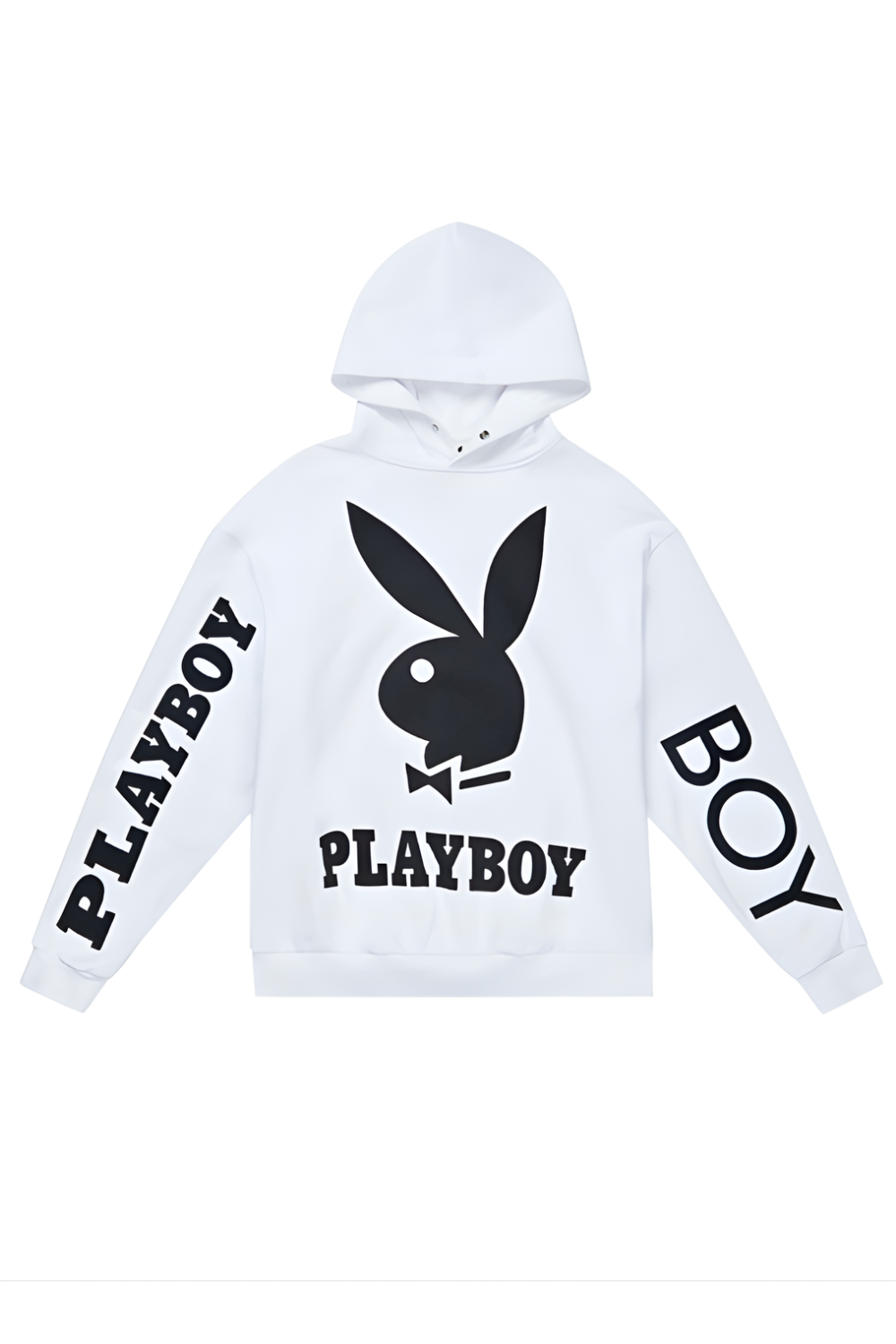 White Boy London hoodie with the text 'PLAYBOY' and 'BOY' on the sleeves and the silhouette of a bunny between them.
