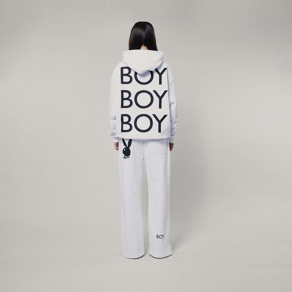 White Boy London hoodie with the text 'PLAYBOY' and 'BOY' on the sleeves and the silhouette of a bunny between them.