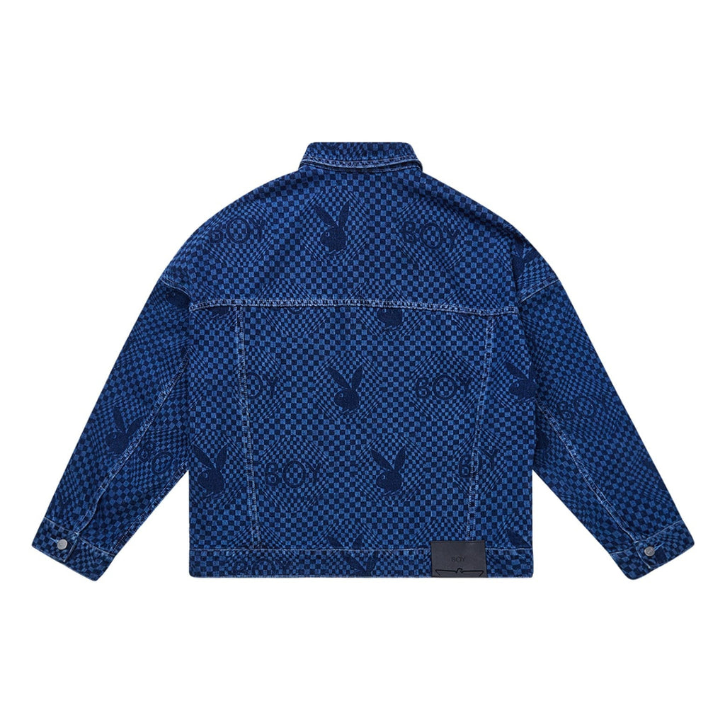 Blue BOY London denim jacket with white buttons on a white background