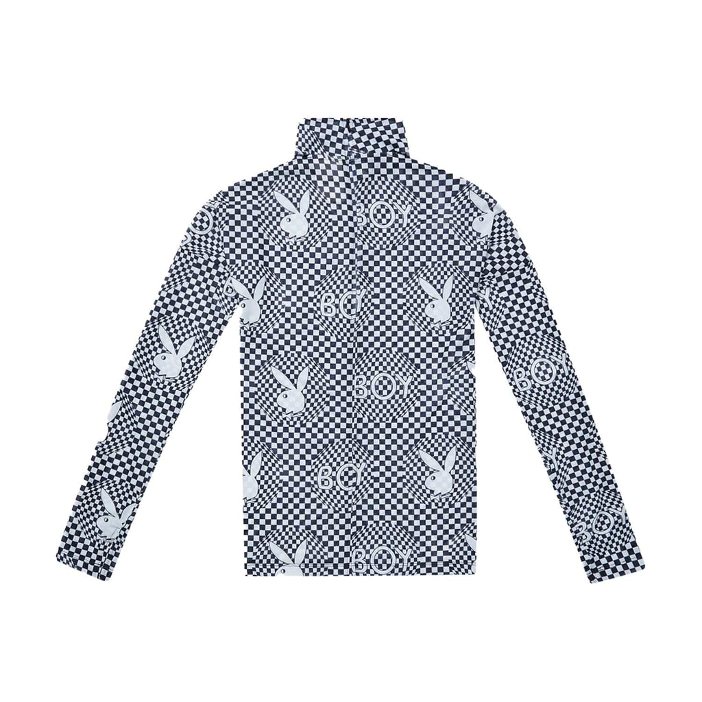 Black and white checkered BOY London top with graphic design on a white background