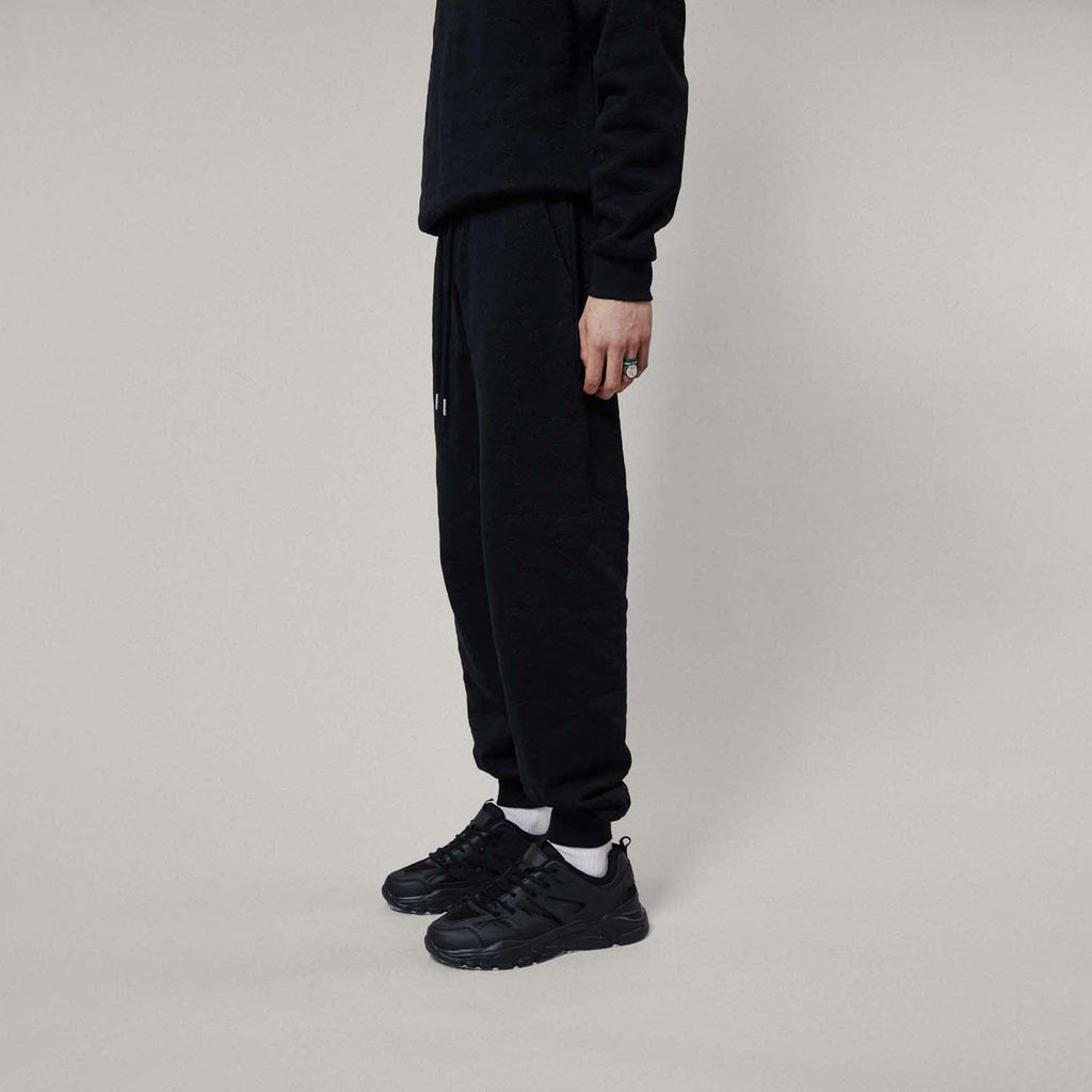 Model wearing Black jogger pants on a white background