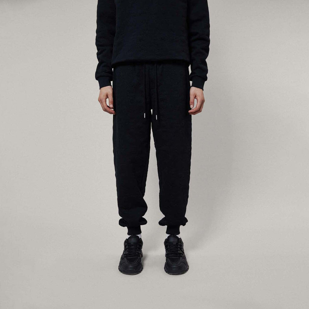 Model wearing Black jogger pants on a white background