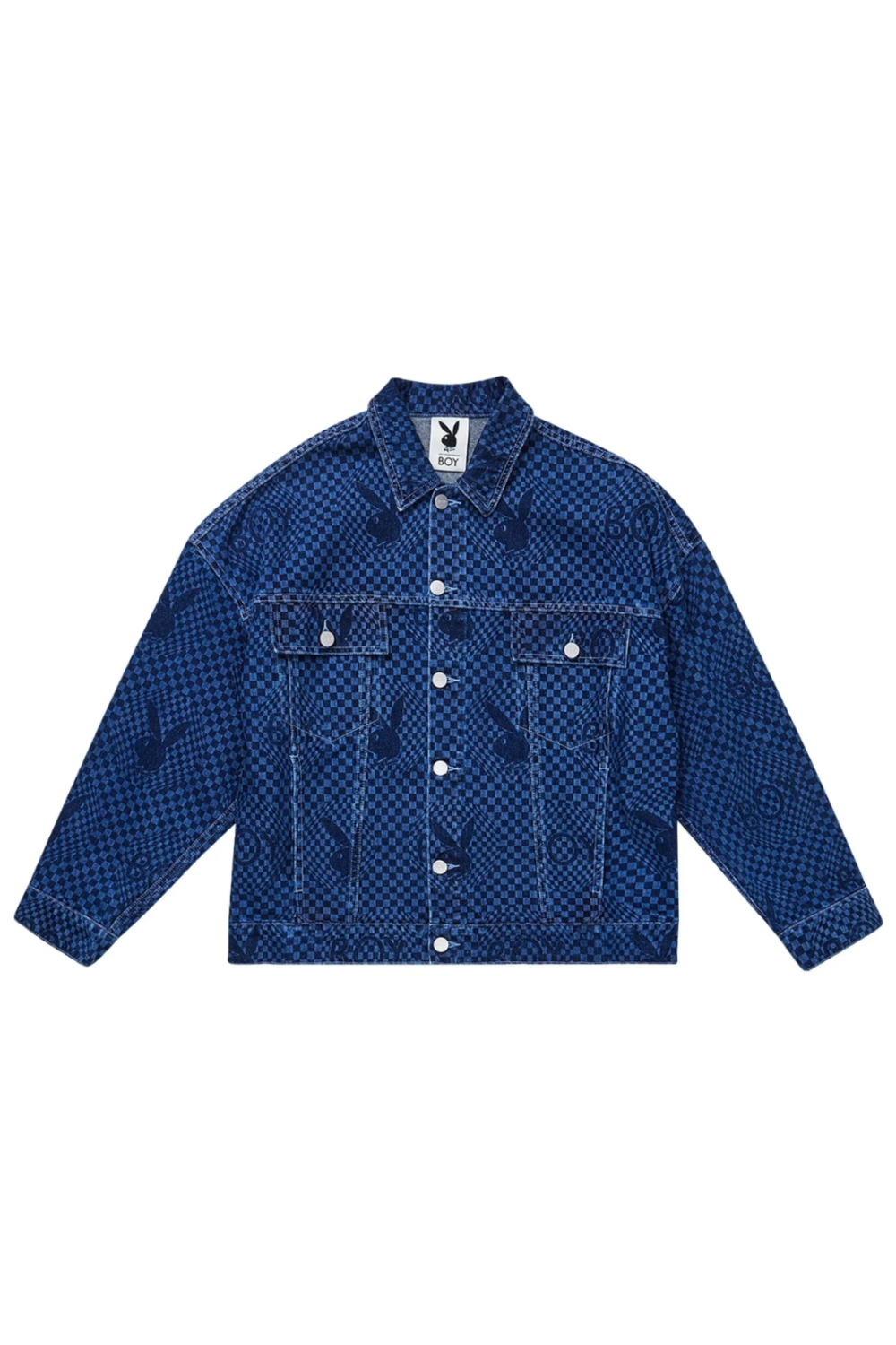 Blue BOY London denim jacket with white buttons on a white background