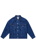 Blue BOY London denim jacket with white buttons on a white background