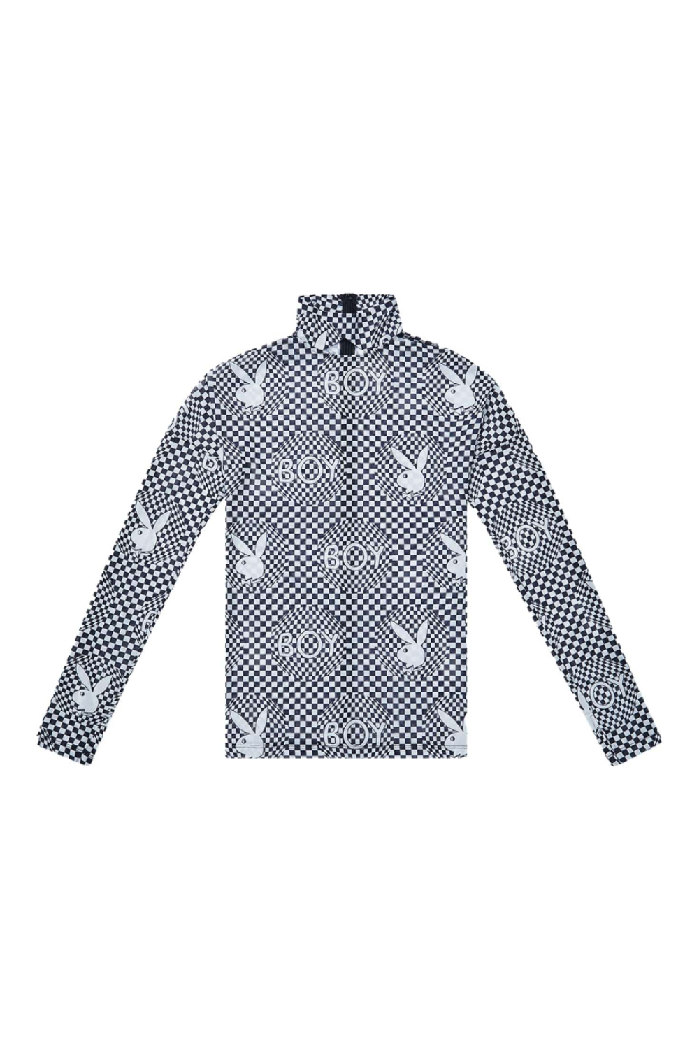 Black and white checkered BOY London top with graphic design on a white background