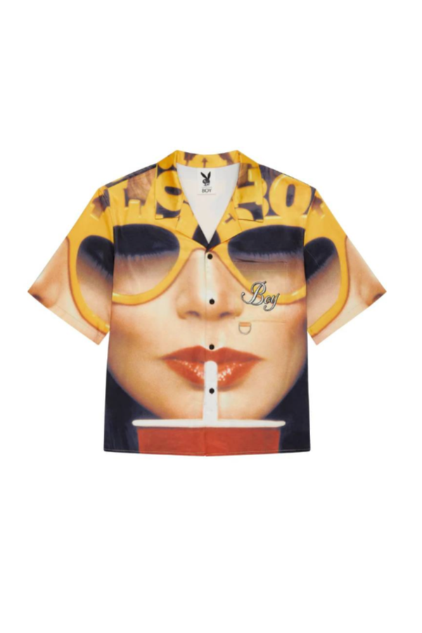 BOY London shirt with a graphic design of a face and sunglasses on a white background