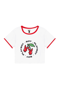 White BOY London t-shirt with red accents and Playboy logo on a white background