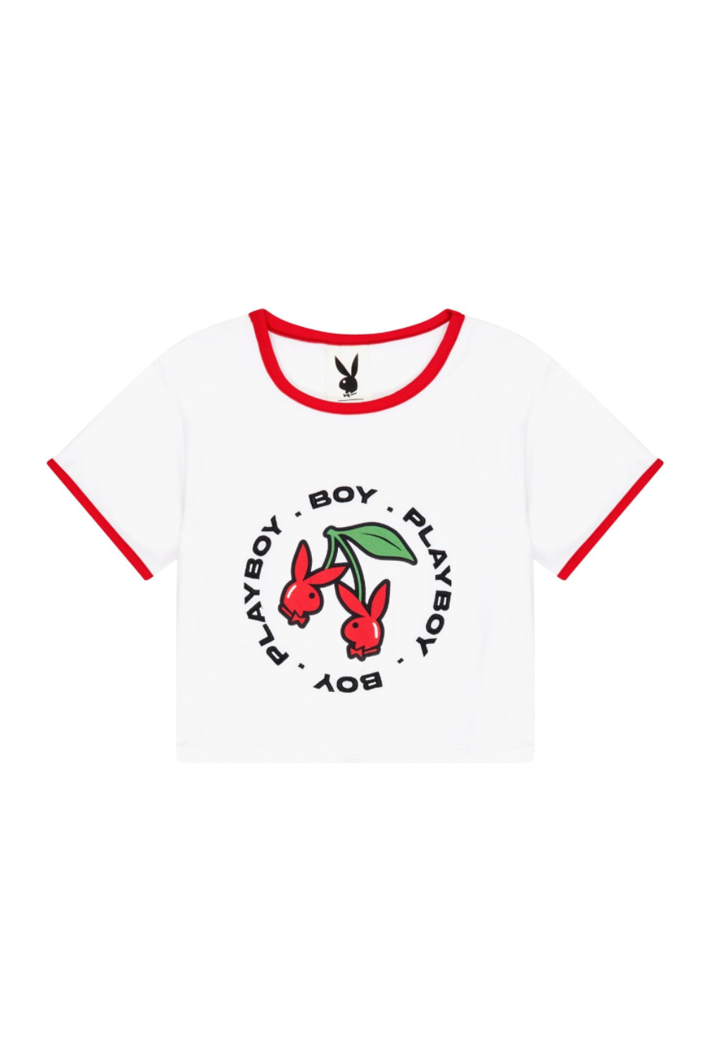 White BOY London t-shirt with red accents and Playboy logo on a white background