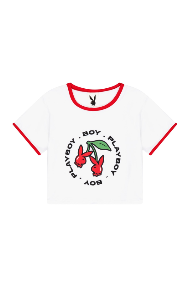 White BOY London t-shirt with red accents and Playboy logo on a white background