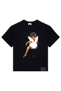 Black BOY London t-shirt with a graphic design o on a white background.