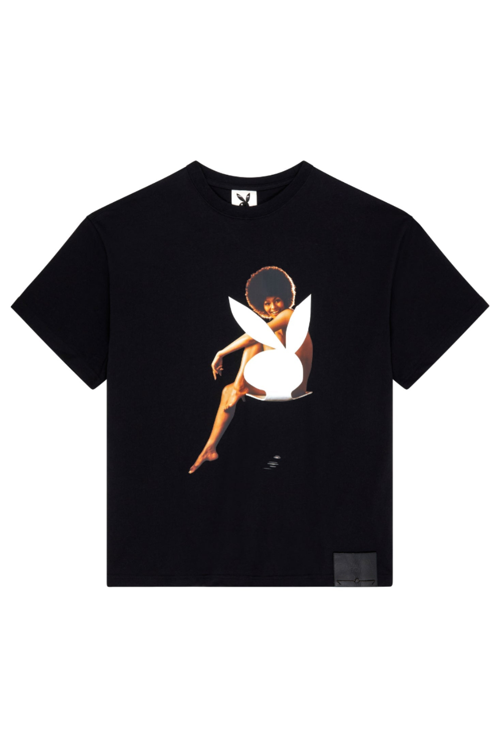 Black BOY London t-shirt with a graphic design o on a white background.