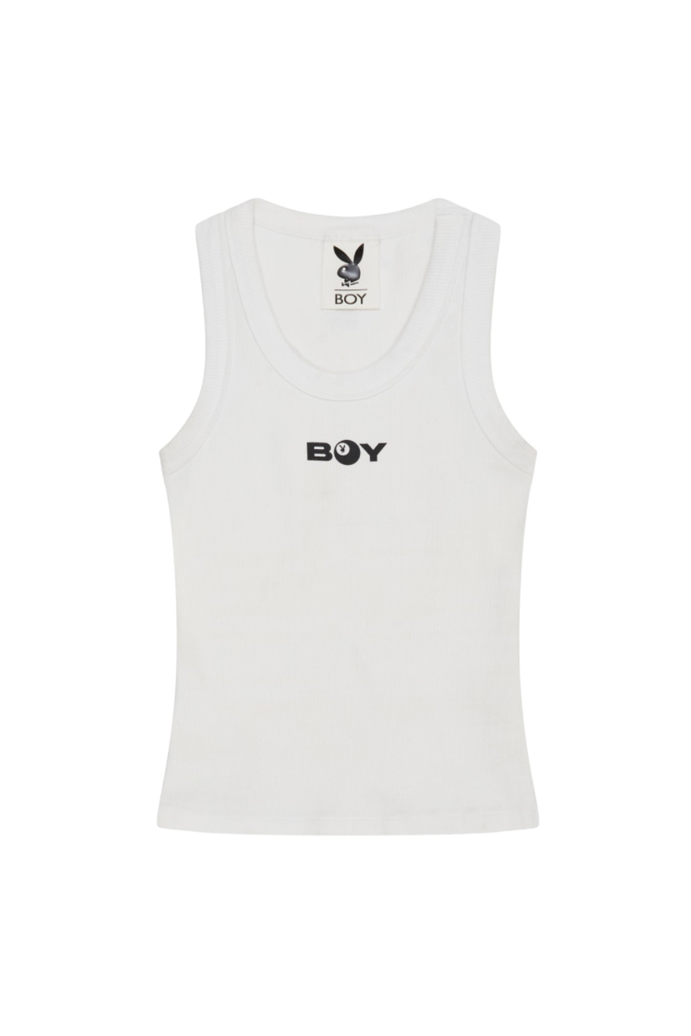 White tank top with 'BOY' London logo on a white background