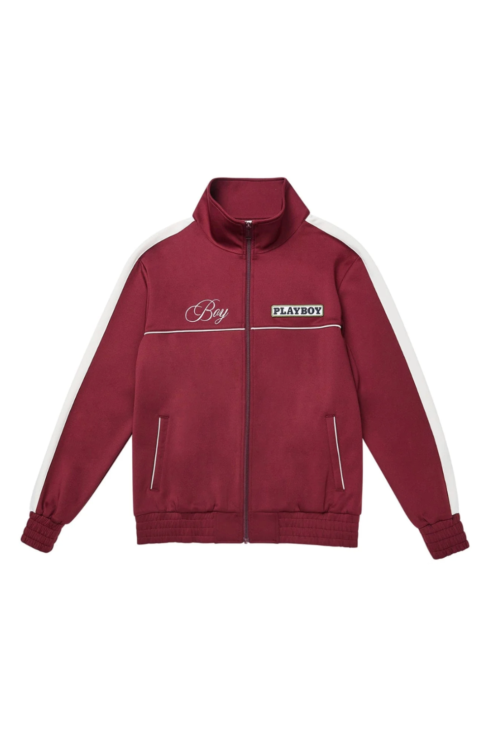 BOY London Maroon hoodie with white accents and Playboy branding on a white background