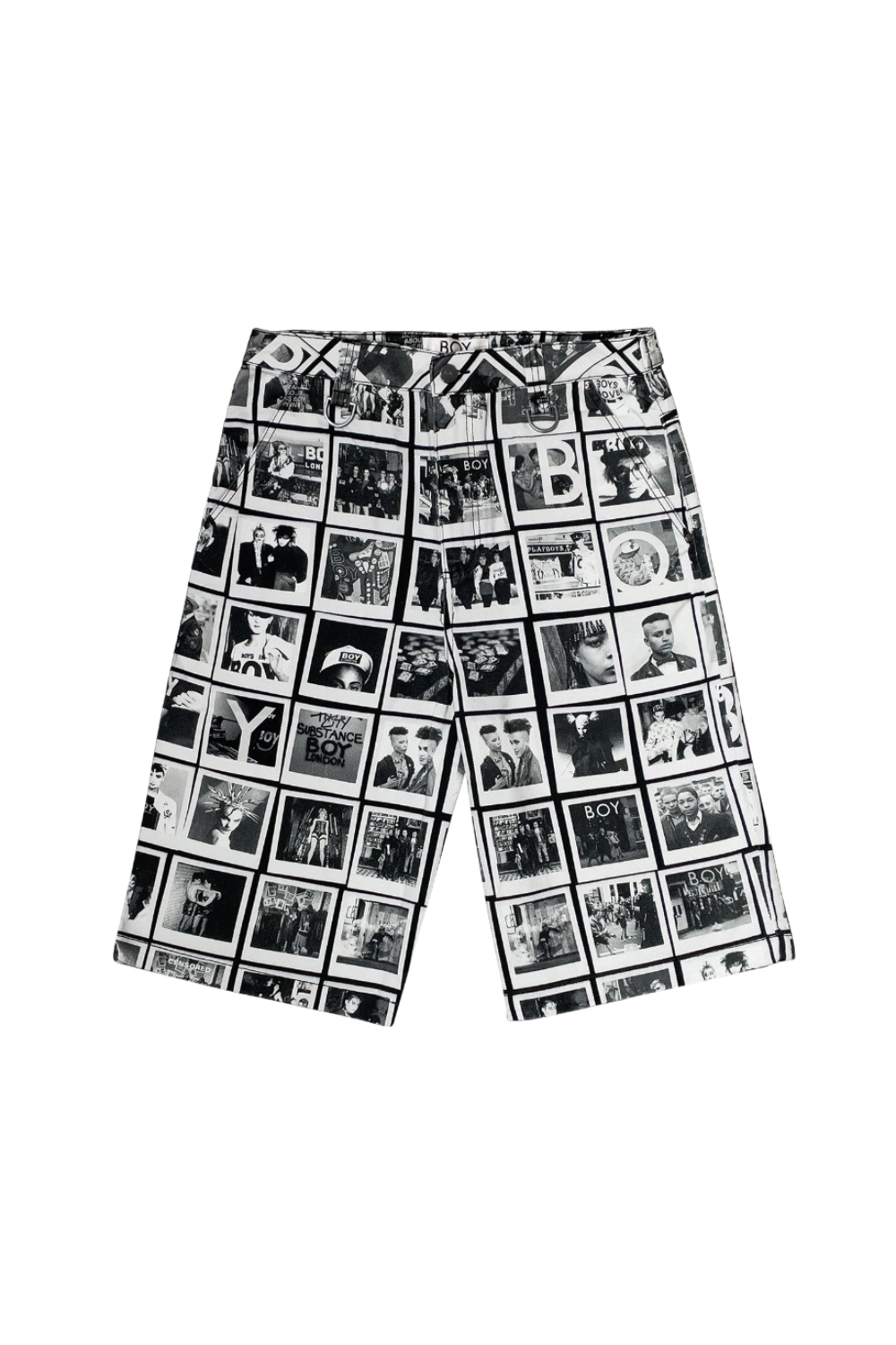 BOY London Pants with a black and white photo collage pattern on a white background