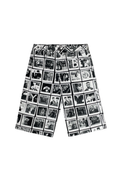 BOY London Pants with a black and white photo collage pattern on a white background
