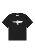 Black BOY London t-shirt with white text on a light gray background