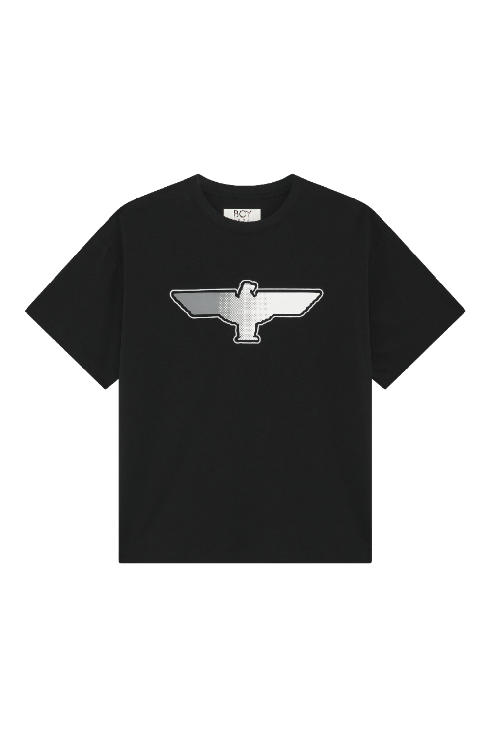 Black BOY London t-shirt with white text on a light gray background