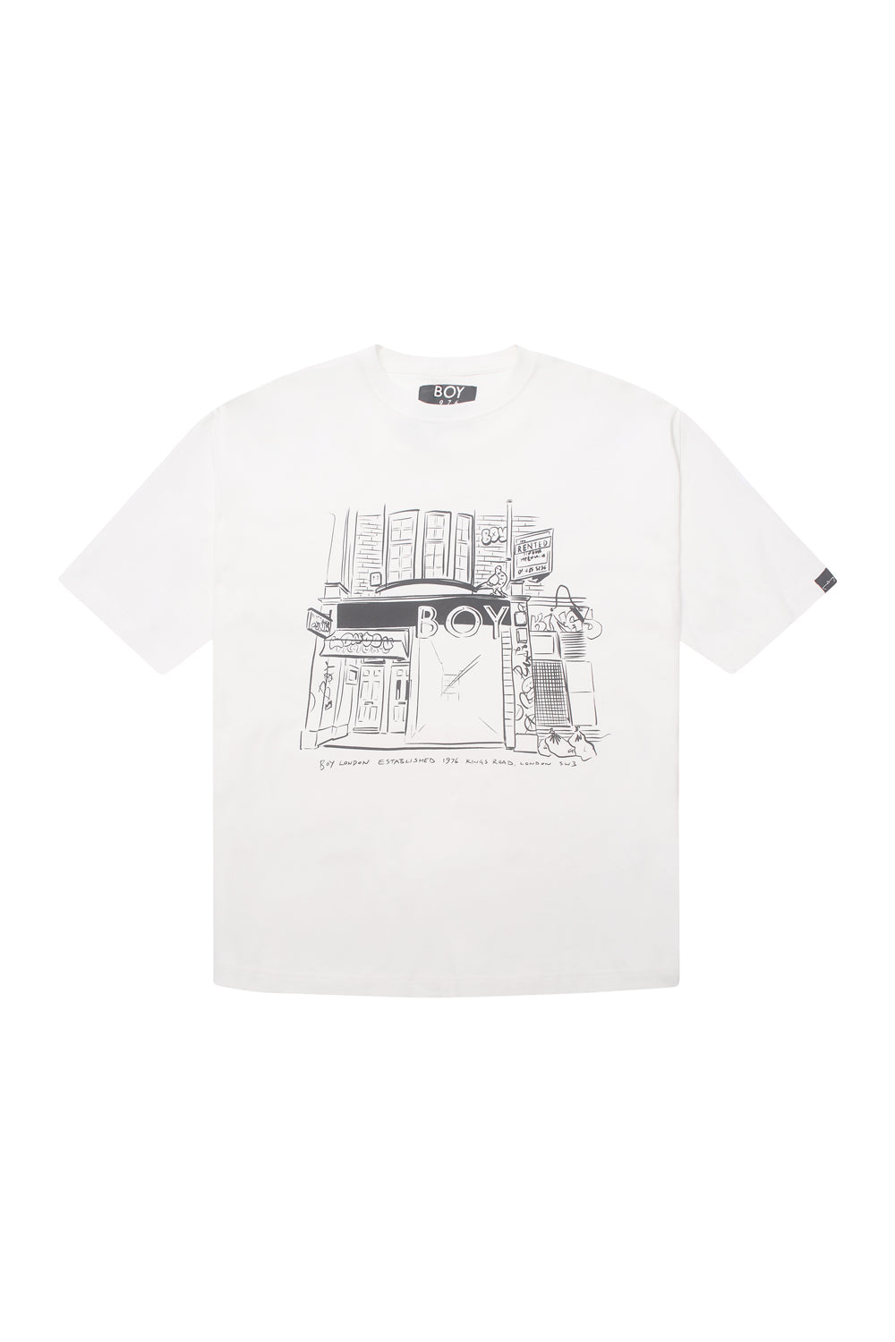 White BOY London t-shirt with black graphic design on a white background