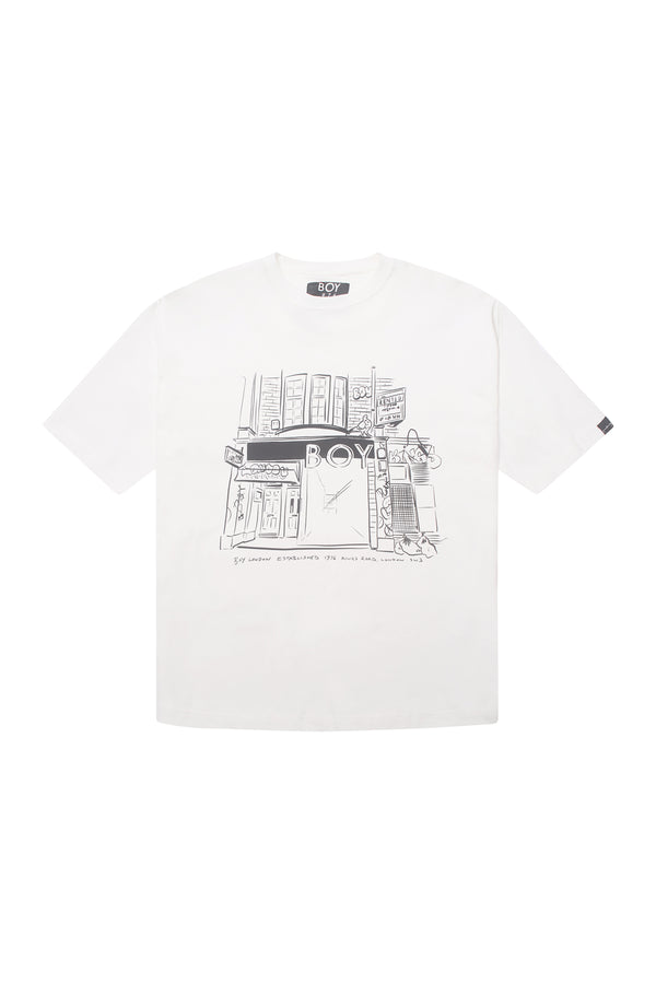 White BOY London t-shirt with black graphic design on a white background