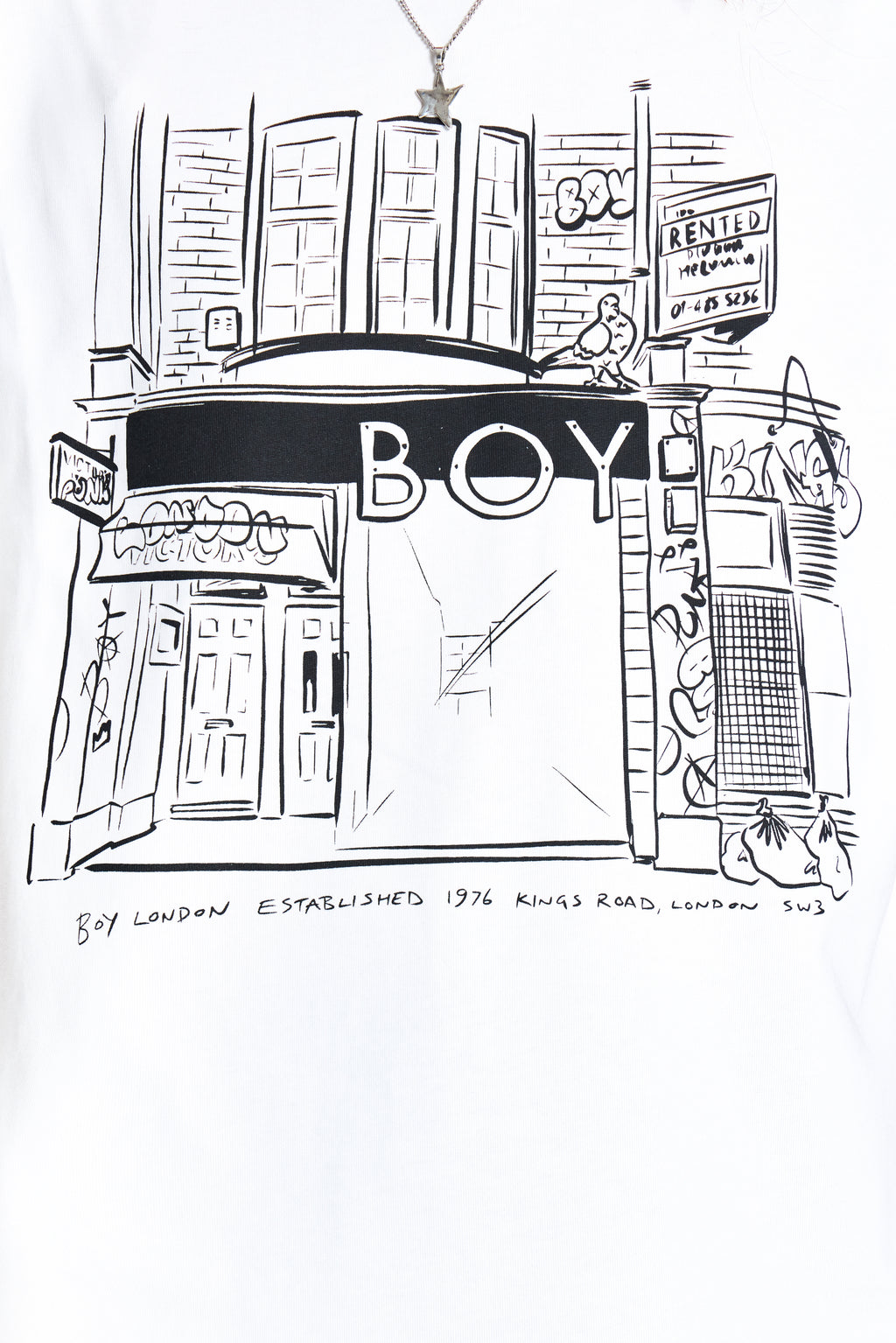 Black and white illustration of a store front with 'BOY' branding on a white background