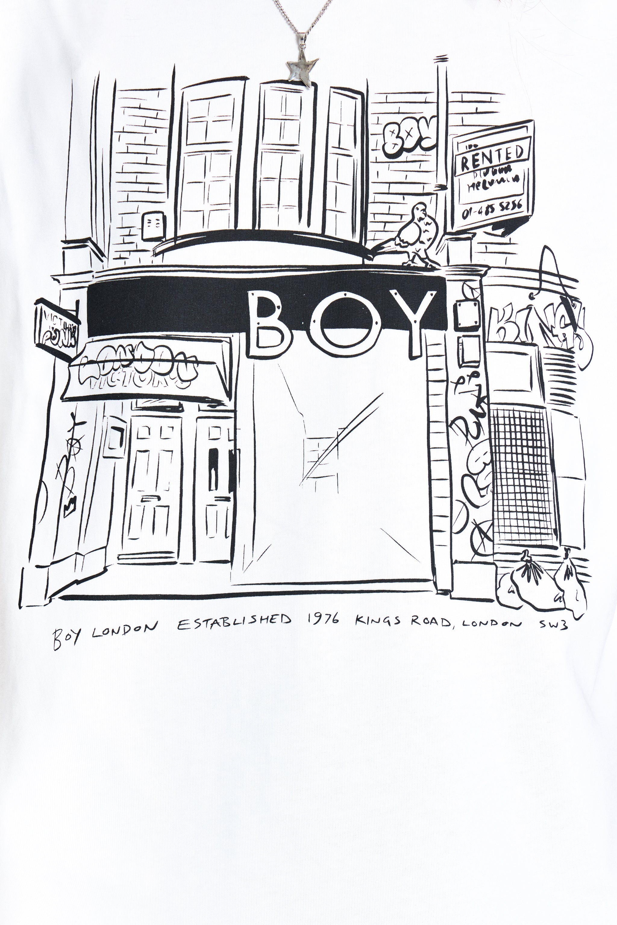 Black and white illustration of a store front with 'BOY' branding on a white background