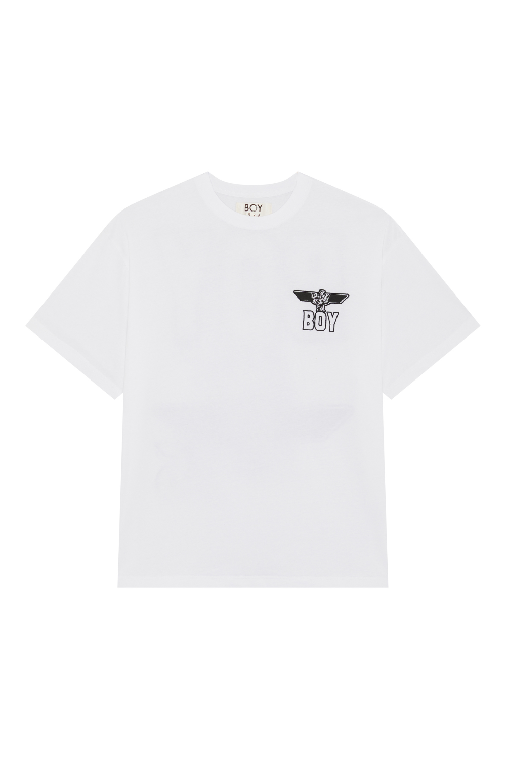 White BOY London t-shirt with a black logo on a white background