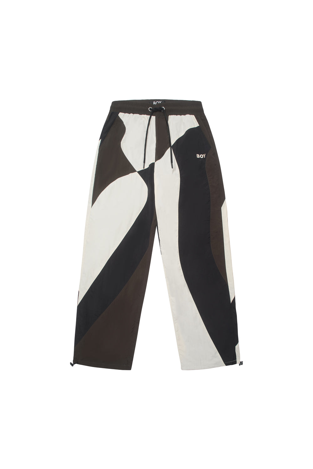 Brown and white BOY London pants with geometric design on a white background
