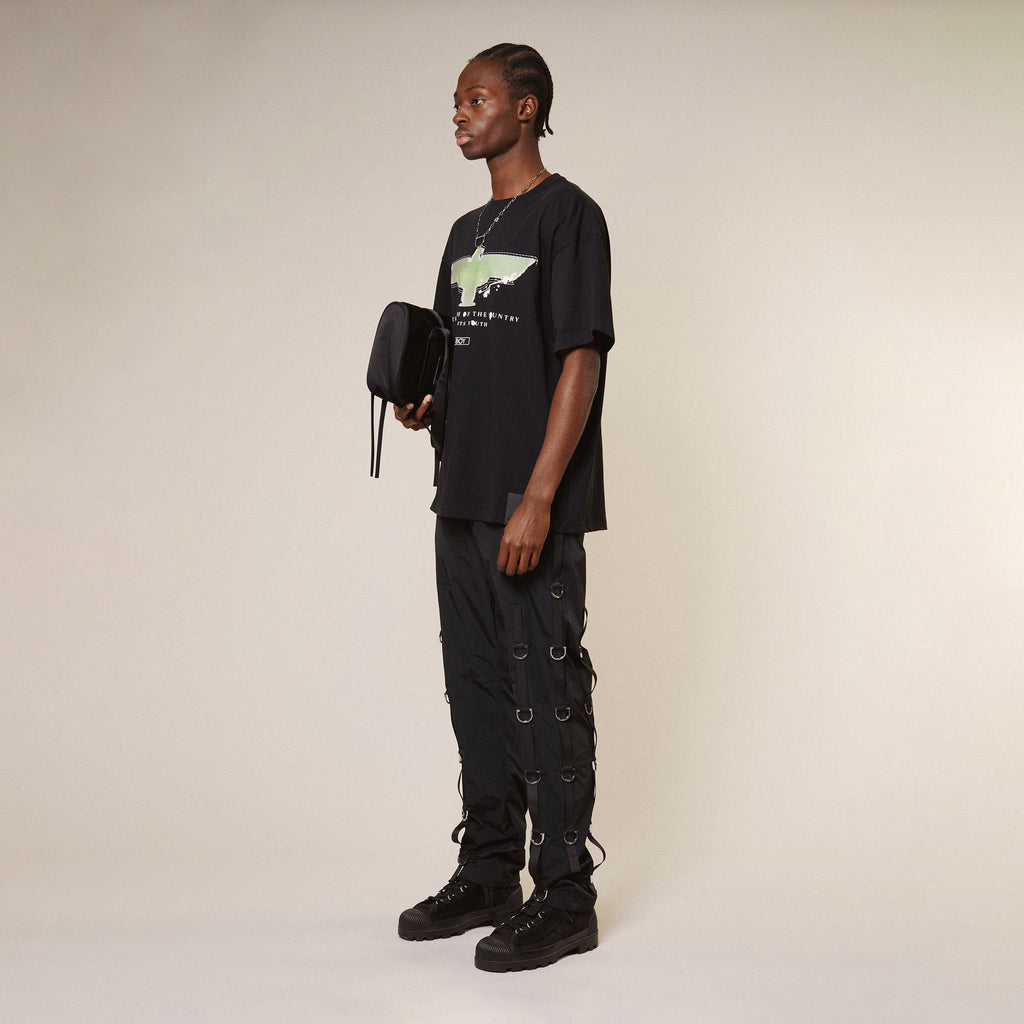 Black BOY London t-shirt with a graphic design on a white background