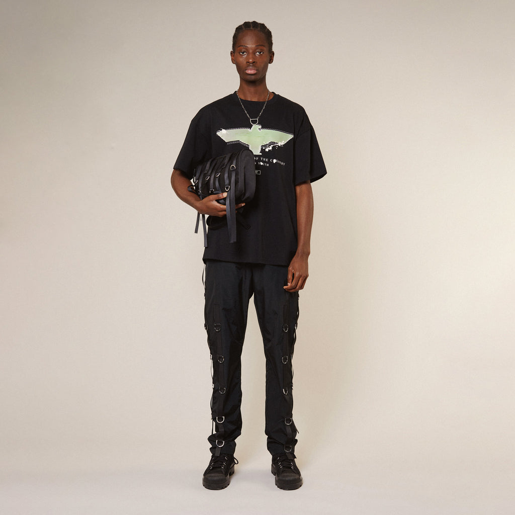 Black BOY London t-shirt with a graphic design on a white background