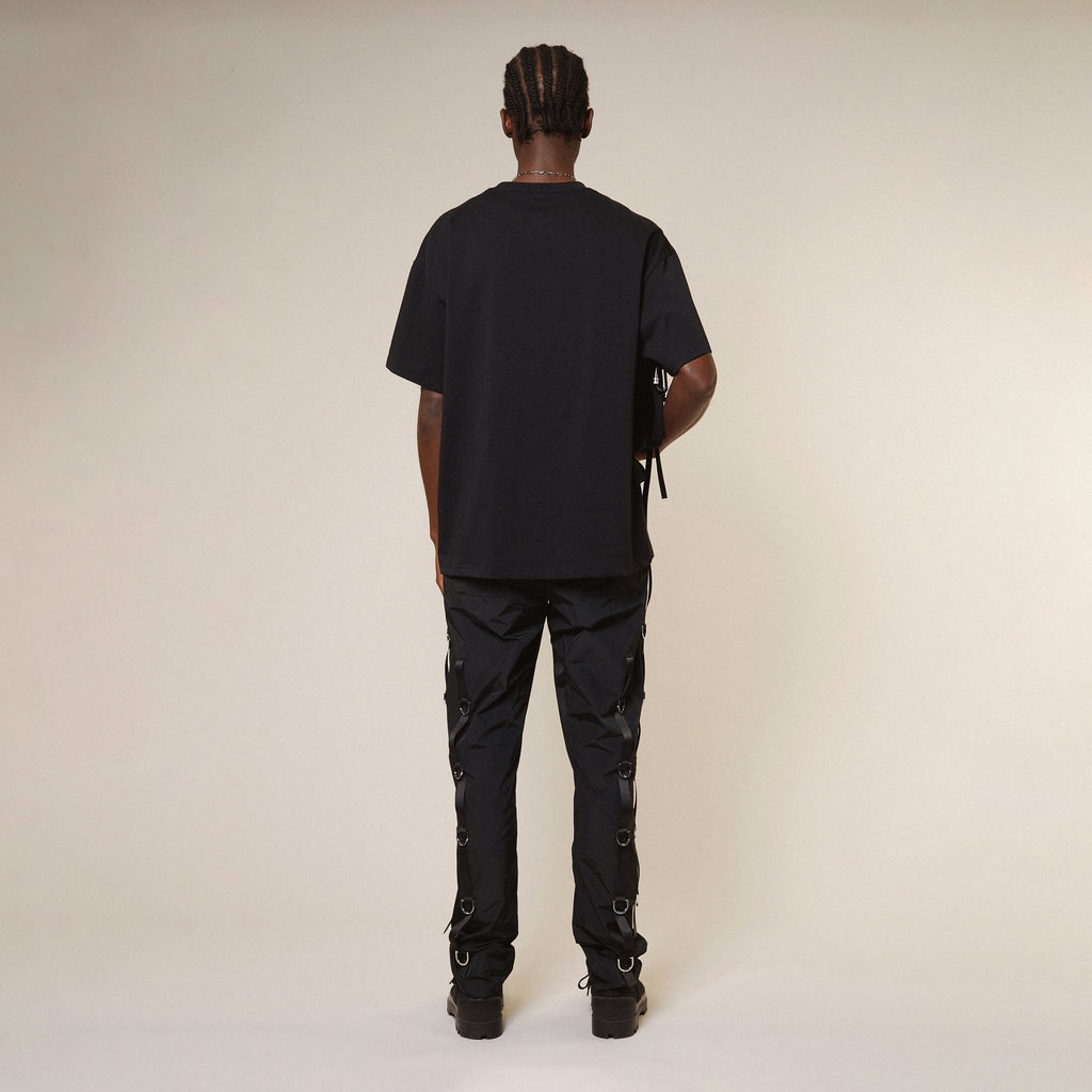 Black BOY London t-shirt with a graphic design on a white background