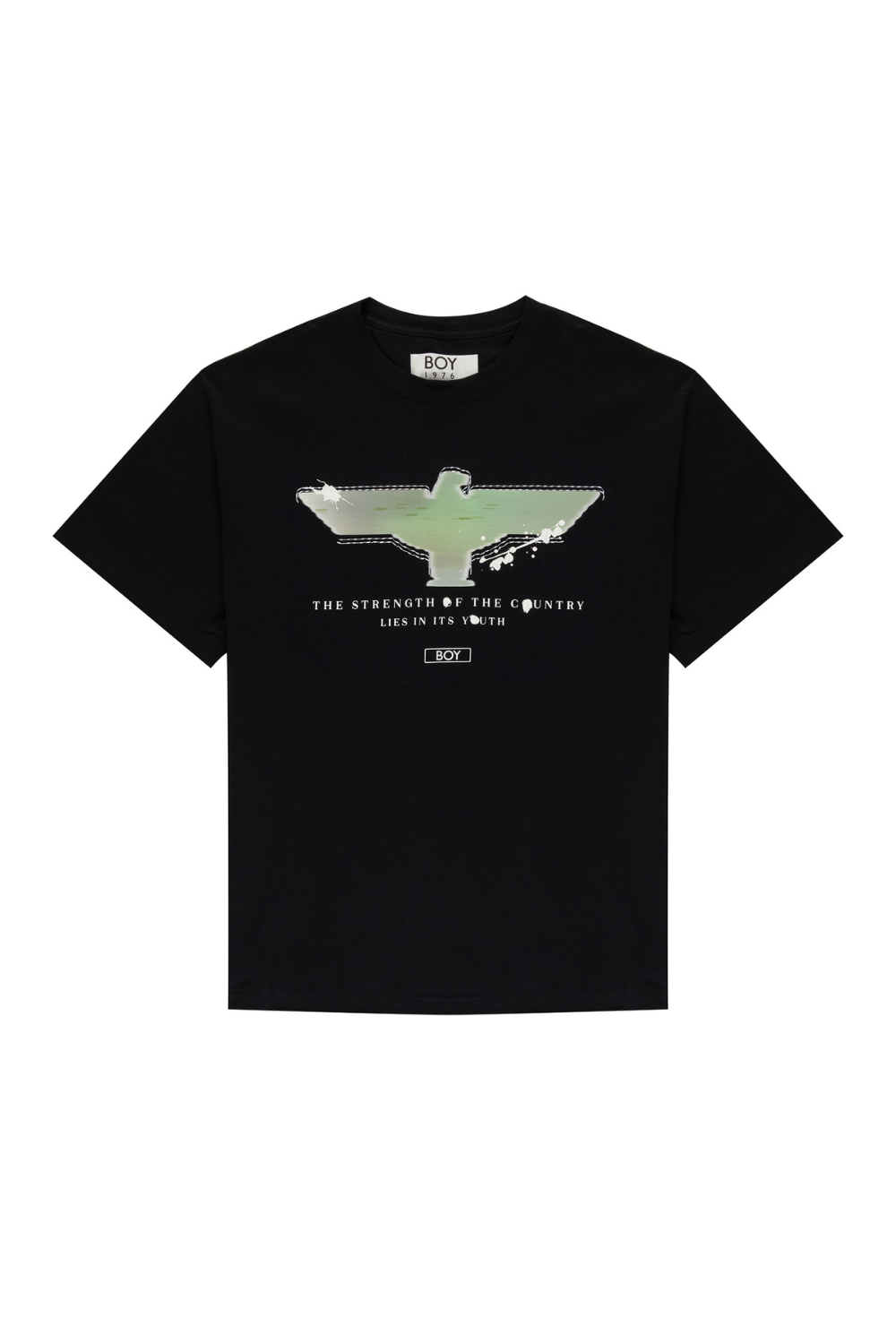 Black BOY London t-shirt with a graphic design on a white background