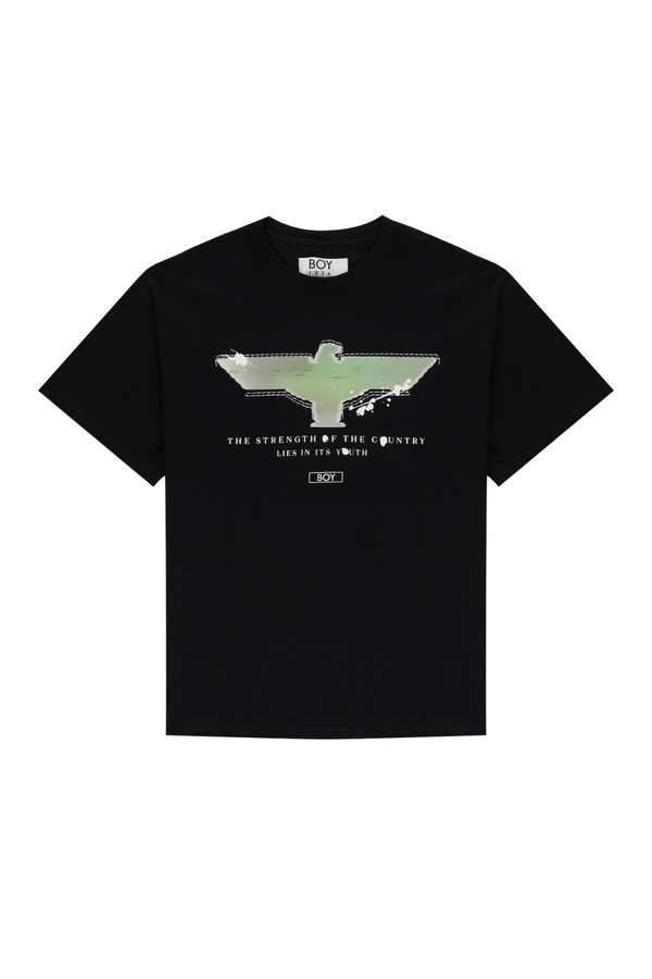 Black BOY London t-shirt with a graphic design on a white background